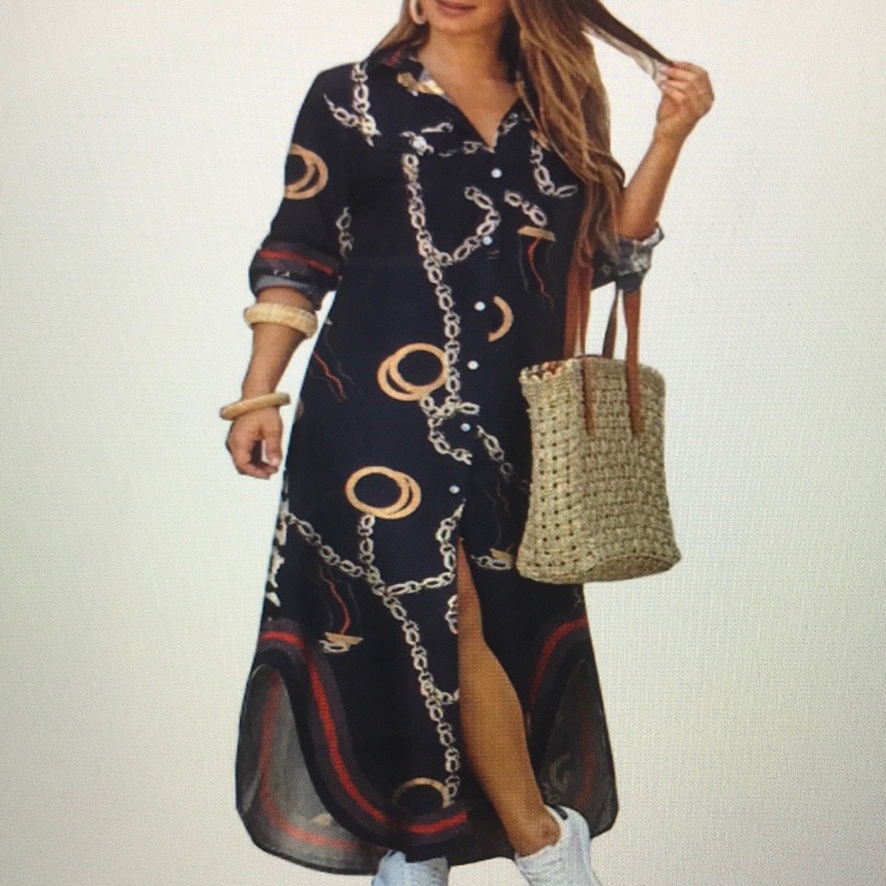 New Low High  Polyester shirt Dress breathable printed fabric - Size M